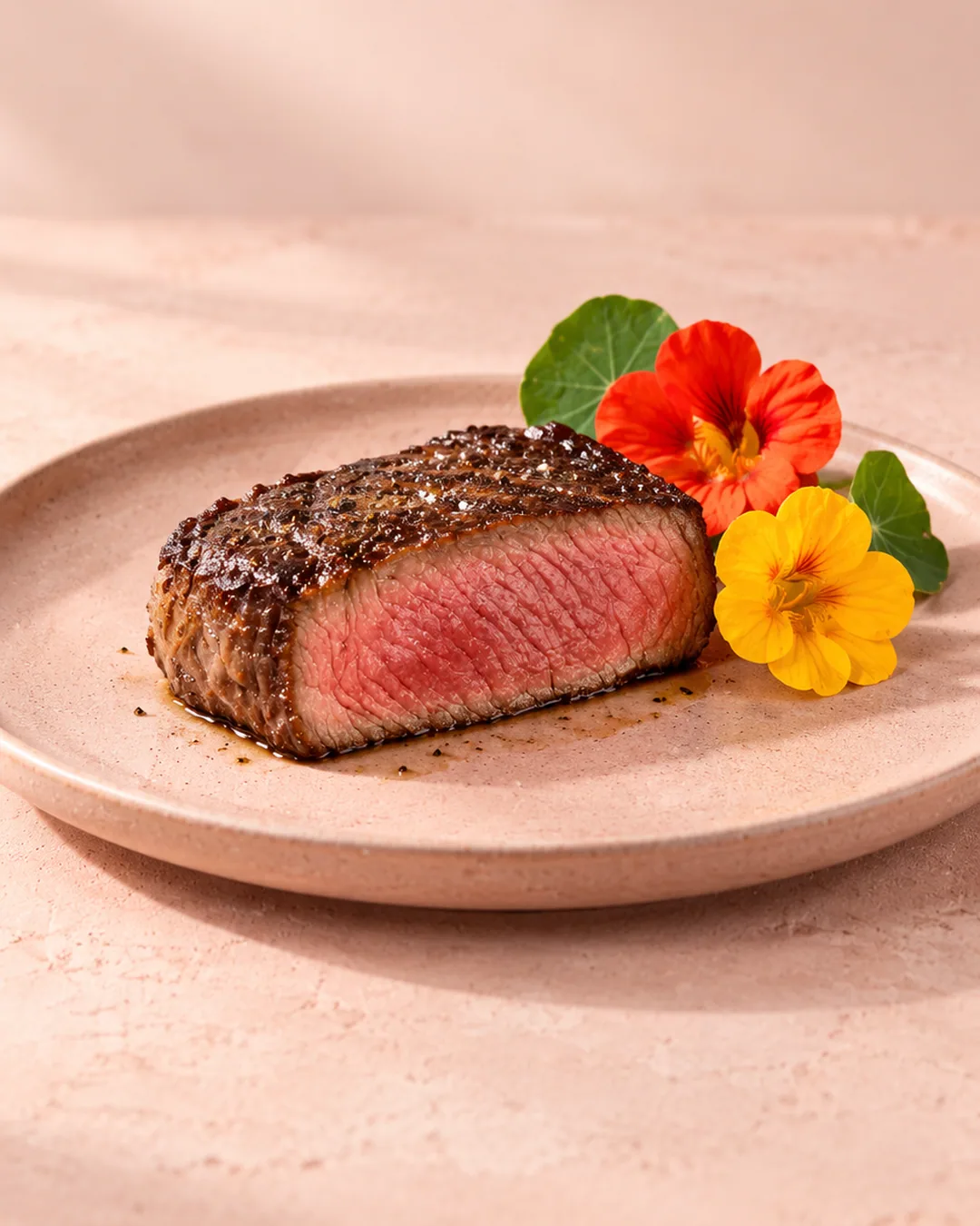 Saftigt stekt biffbit med rosa kärna på en rosa tallrik, med röda och gula krasseblommor, symbol för e-boken Nice to meat you